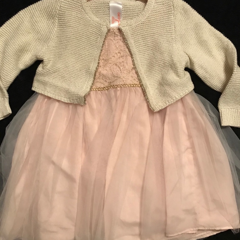 💕V-Day 2T Pink/gold accent dress w/ crop sweater